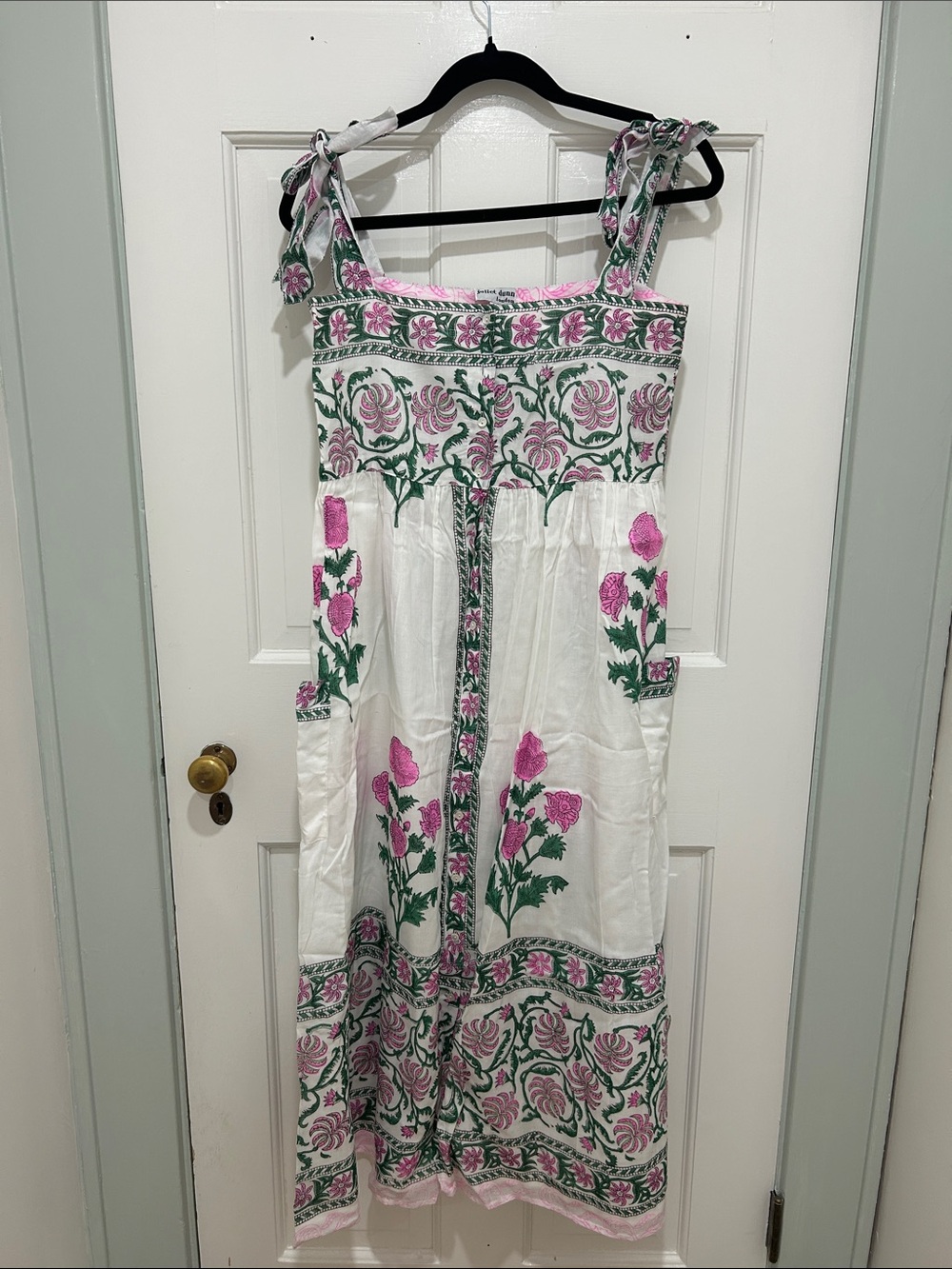 Juliet Dunn White Midi Dress with Pink and Green Floral Embroidery